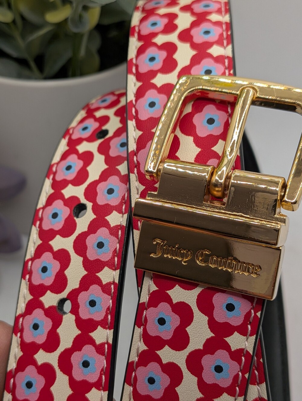 Juicy Couture reversible Red Floral Belt with Gold-Tone Logo Buckle